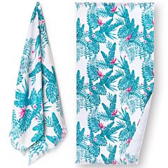 Nostalgic Prints AF-1536 Ferns & Hibiscus Flat Woven Terry with Fringe Towel 36x70" 100% Cotton