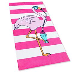 28" X 55" Flamingo and Stripes Velour Beach Towel 100%Cotton